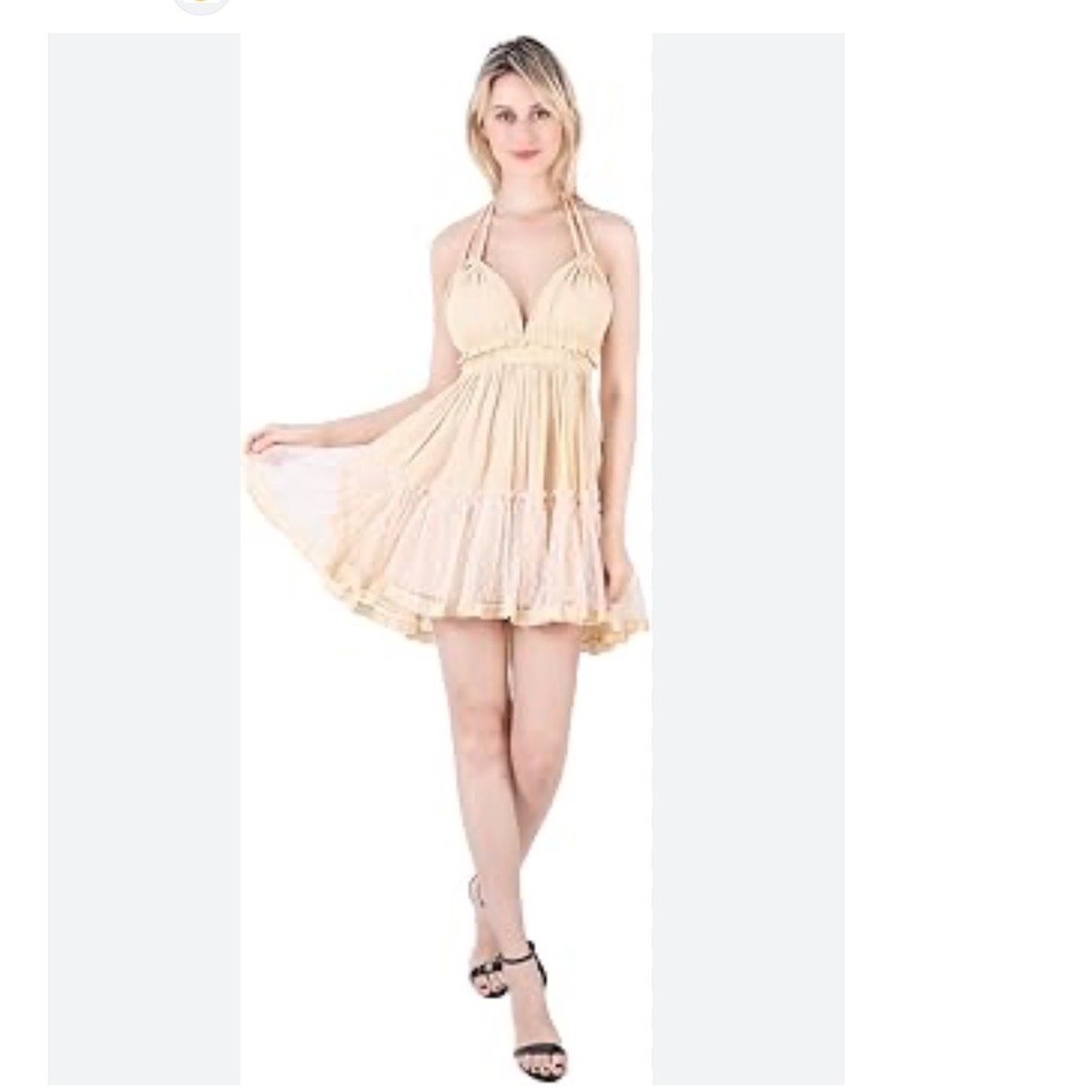 Halter Mini Dress Medium Cream Backless Ruffle Lace Boho Summer Fairy Festival